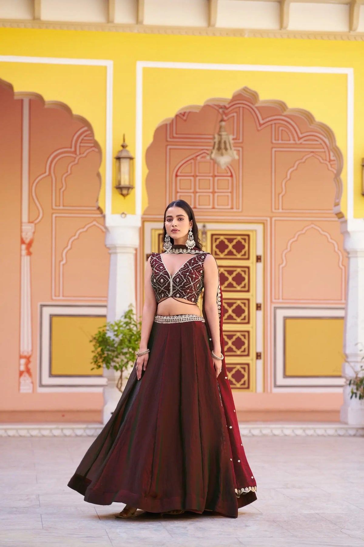 Burnt Maroon Embroidered Lehenga Choli