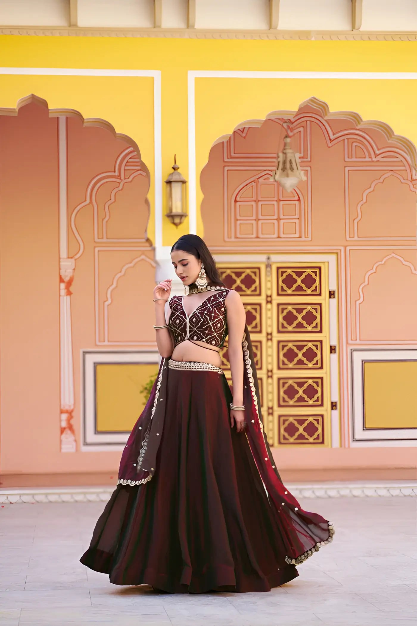 Burnt Maroon Embroidered Lehenga Choli
