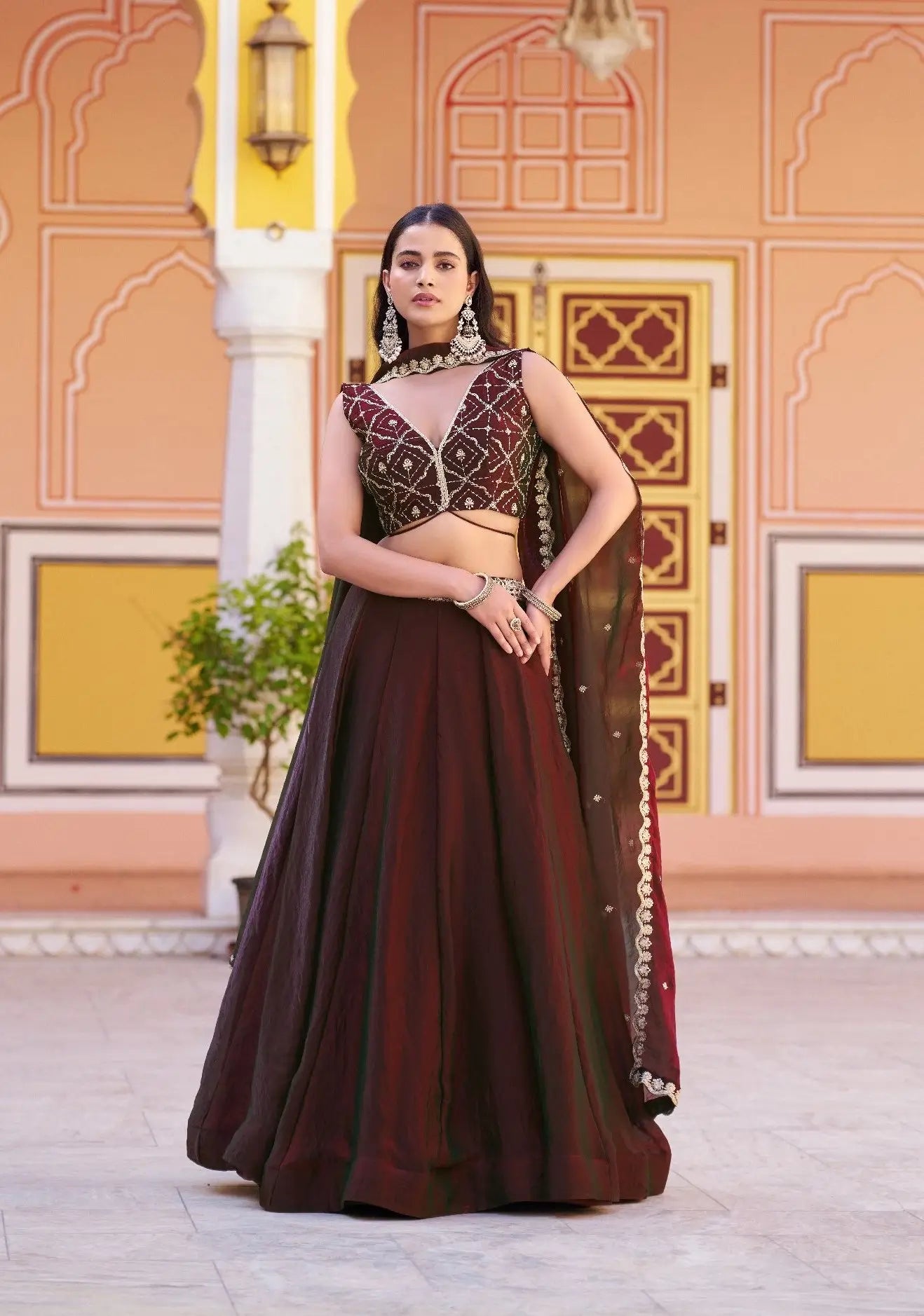 Burnt Maroon Embroidered Lehenga Choli