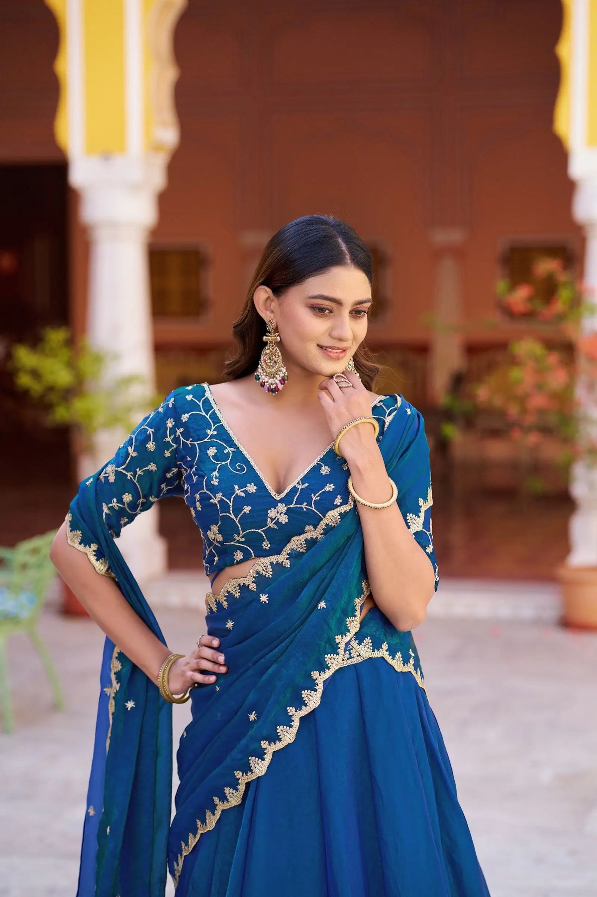 Peacock Blue Embroidered Lehenga Choli