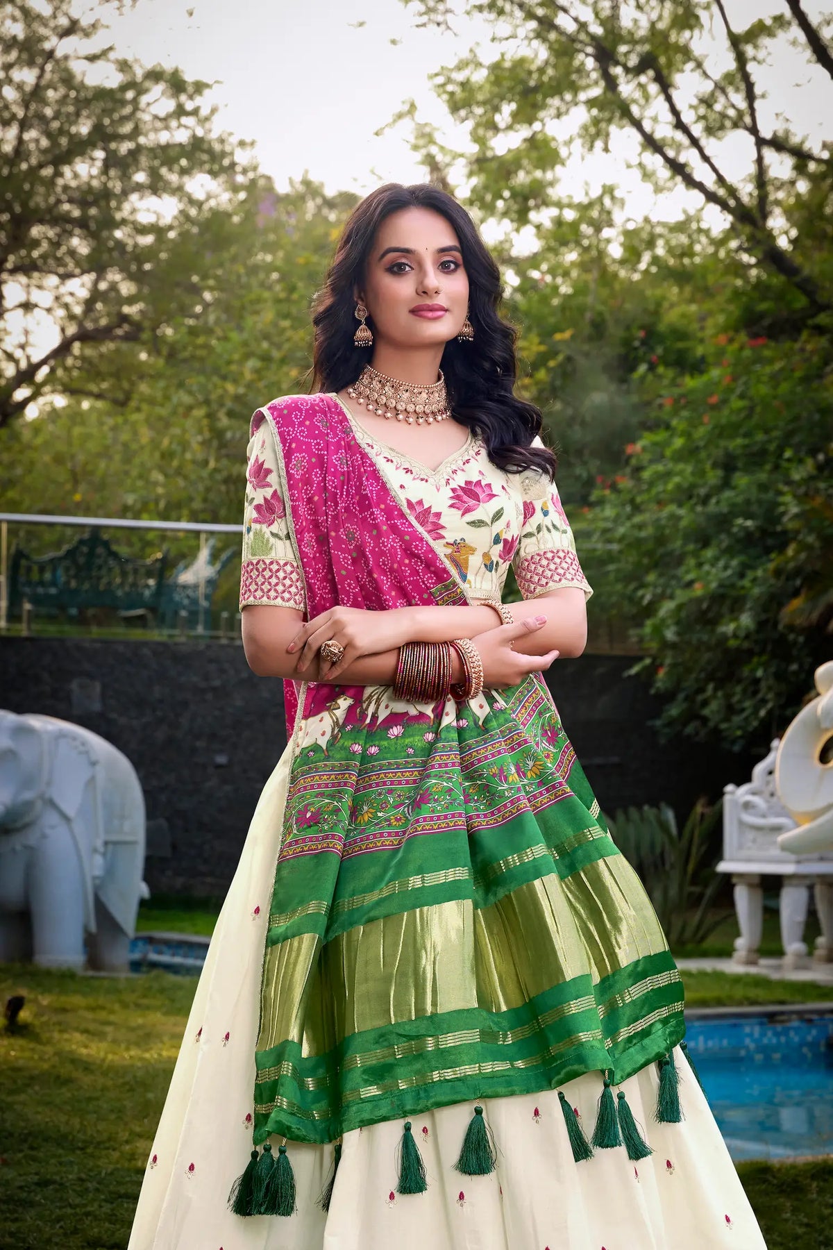 Off White Khadi Cotton Lehenga Choli With Hot Pink Gaji Silk Dupatta