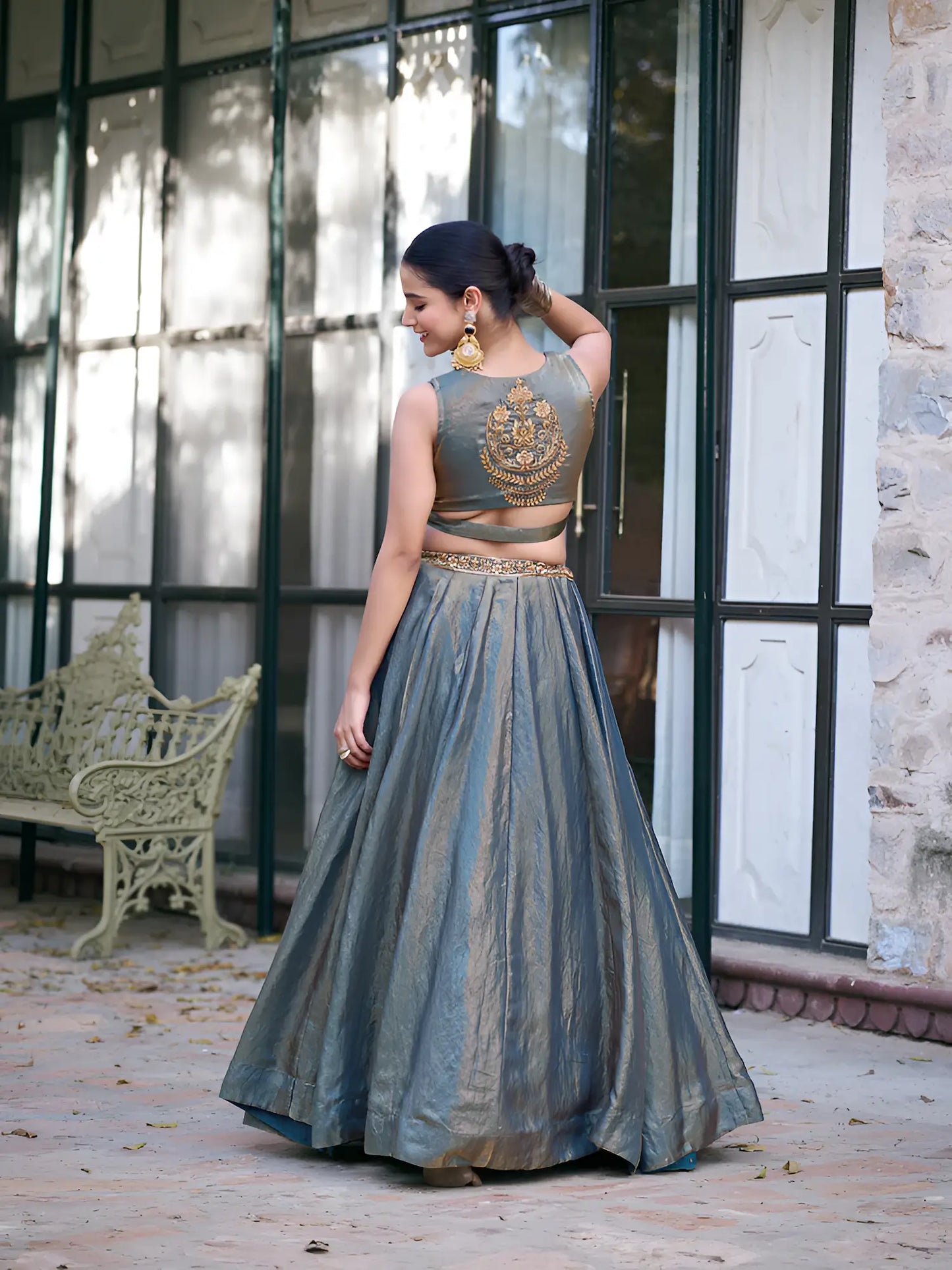 Greyish Teal Fendi Embroidery Lehenga Choli