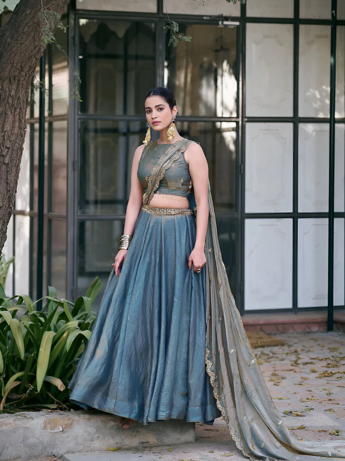 Greyish Teal Fendi Embroidery Lehenga Choli