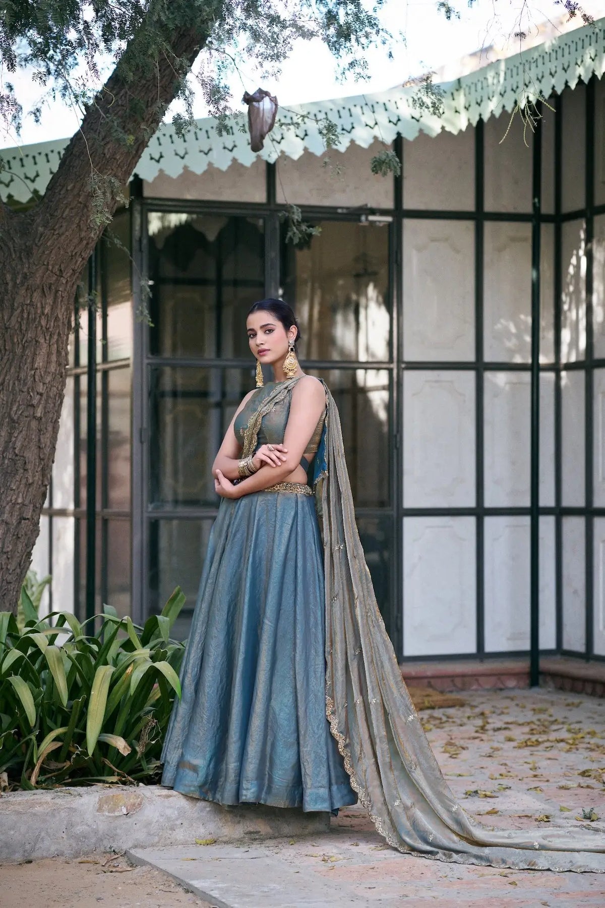 Greyish Teal Fendi Embroidery Lehenga Choli