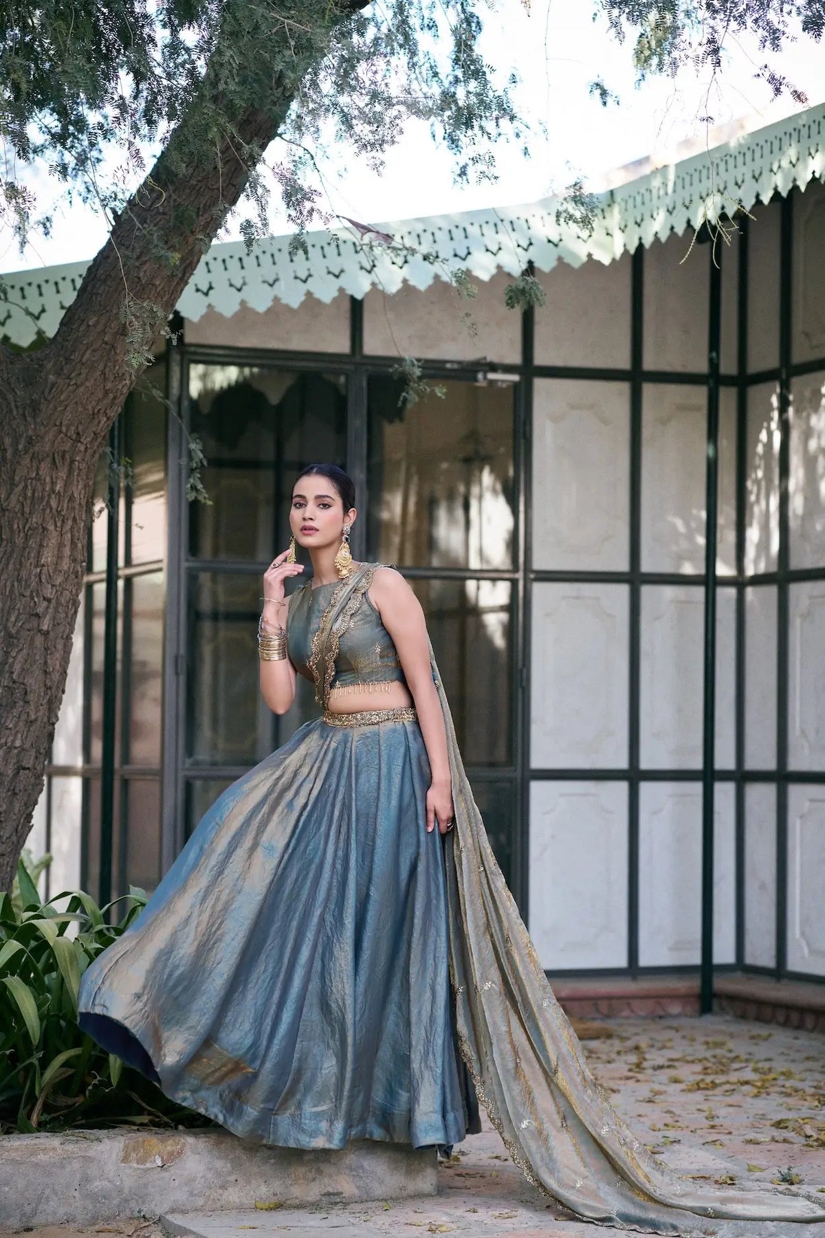 Greyish Teal Fendi Embroidery Lehenga Choli