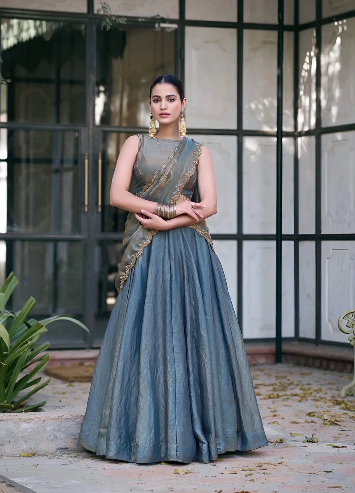 Greyish Teal Fendi Embroidery Lehenga Choli