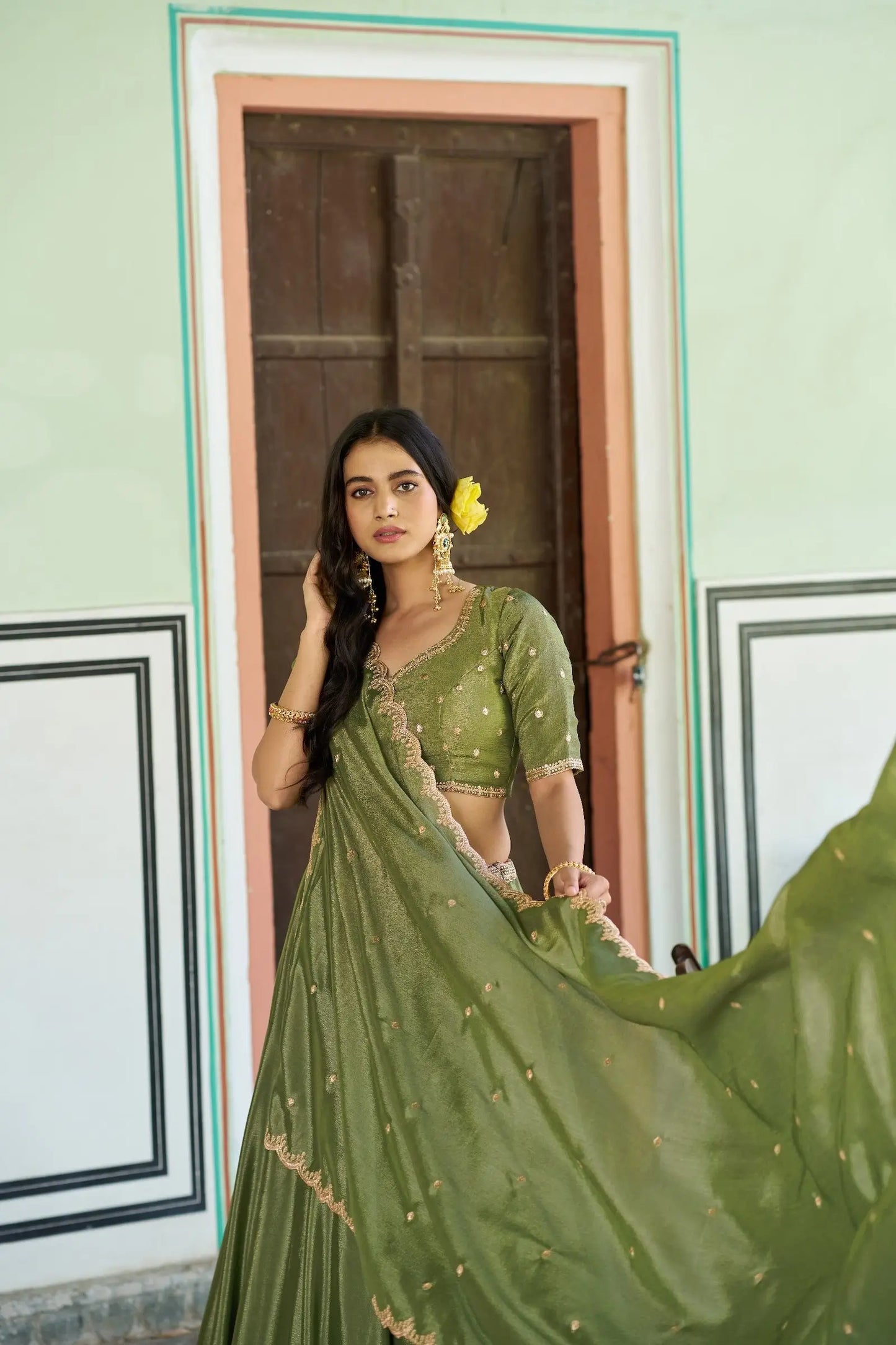 Pista Green Embroidery Lehenga Choli