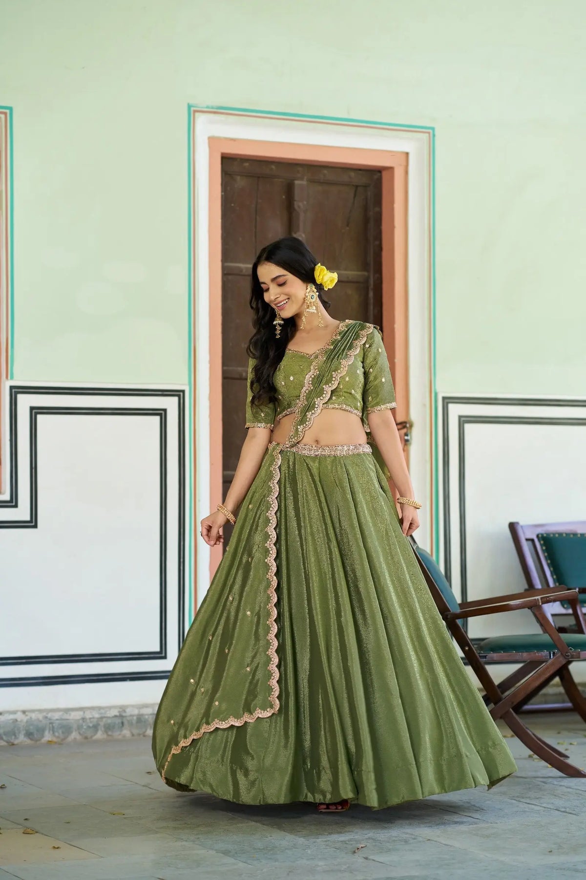Pista Green Embroidery Lehenga Choli