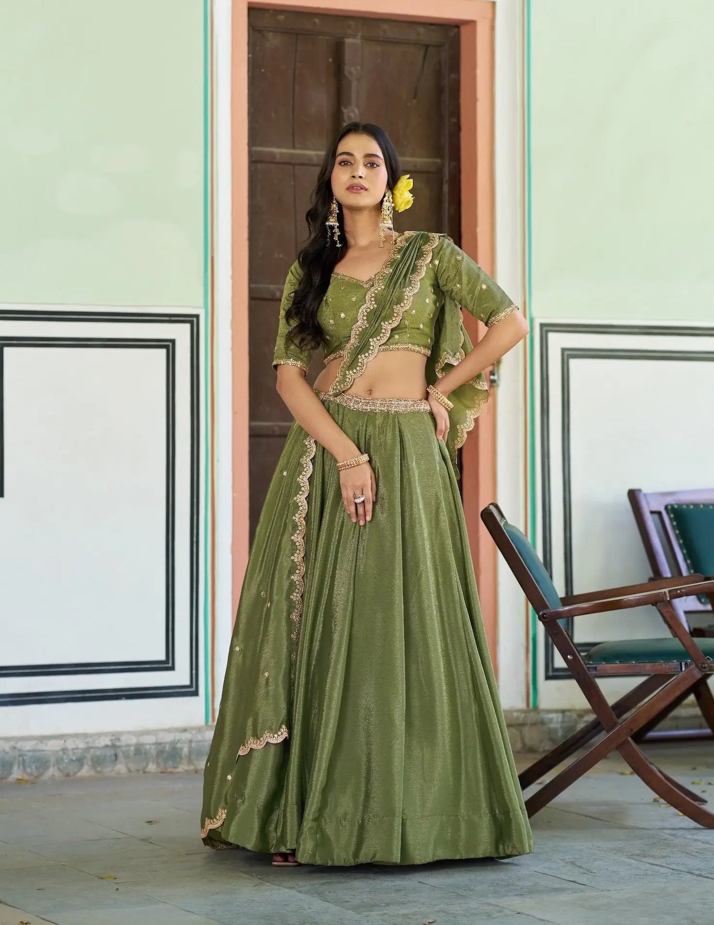 Pista Green Embroidery Lehenga Choli