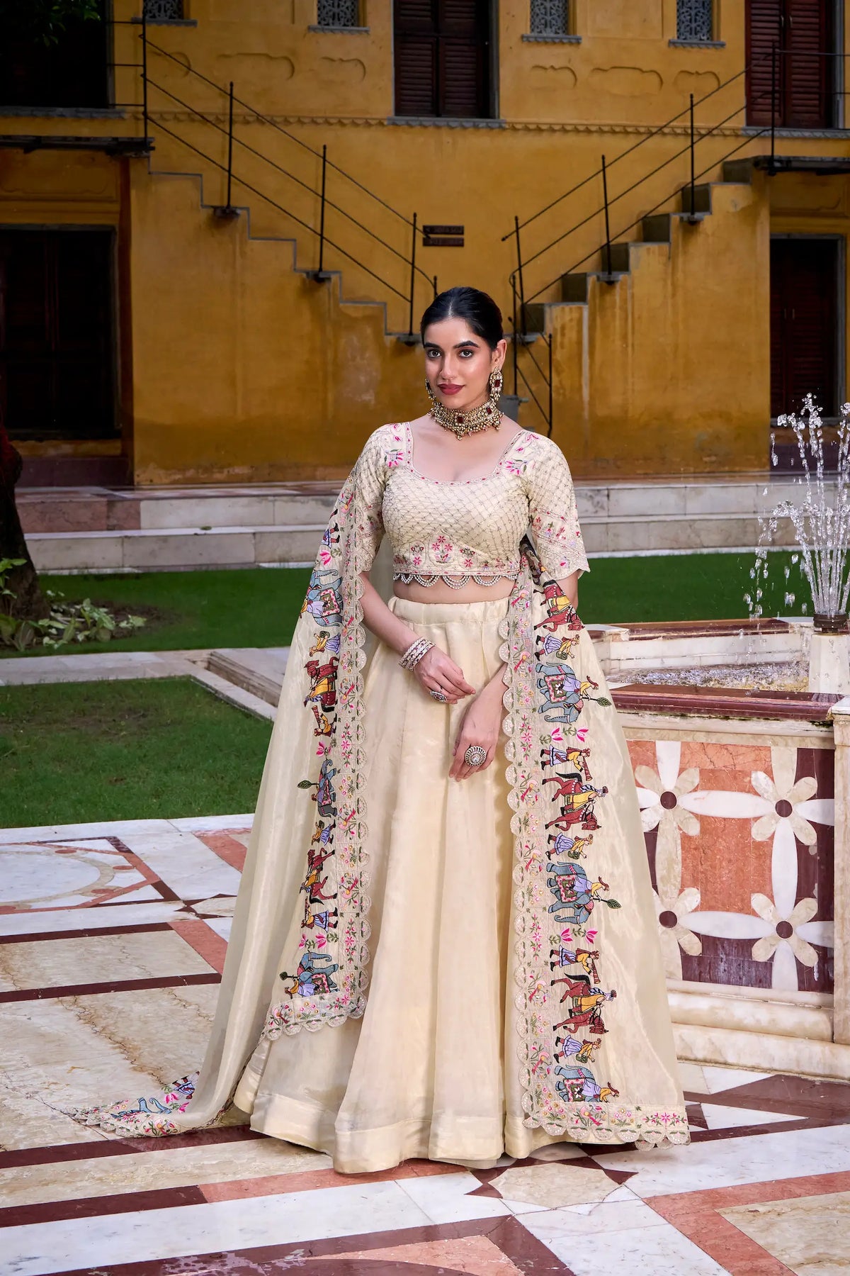Beige Thread & Sequins Embroidery Silk Lehenga Choli