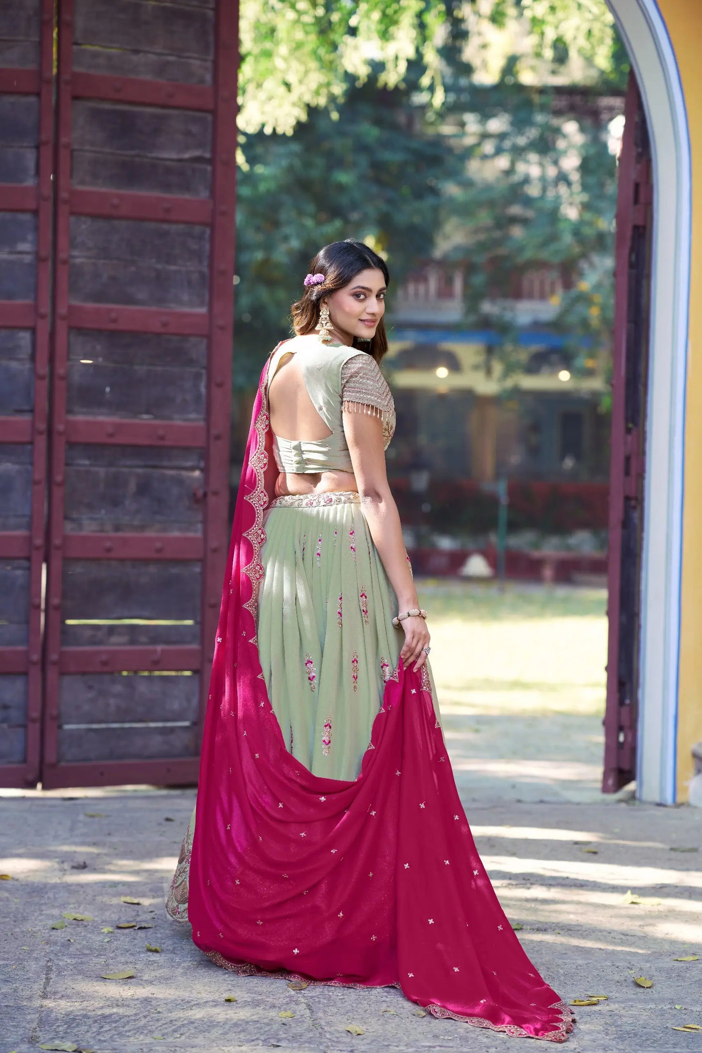 Pista Green Georgette Embroidery Lehenga Choli