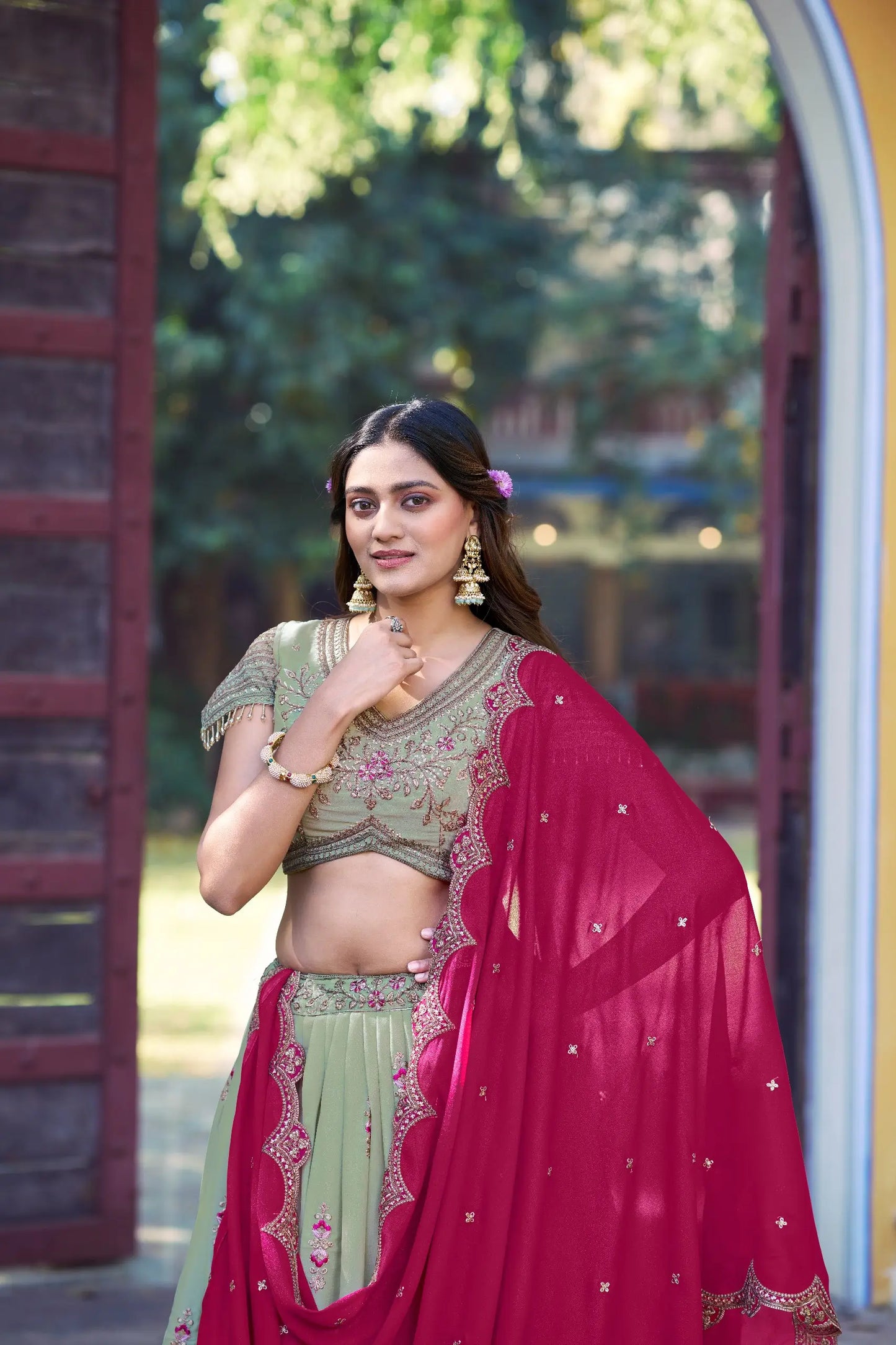 Pista Green Georgette Embroidery Lehenga Choli
