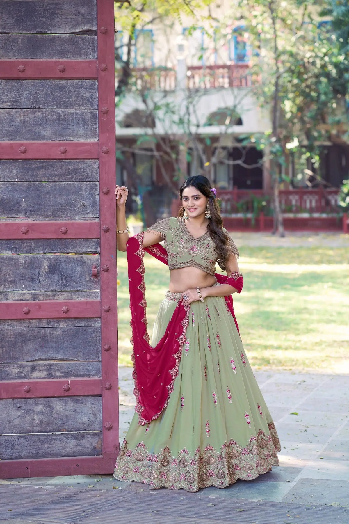 Pista Green Georgette Embroidery Lehenga Choli