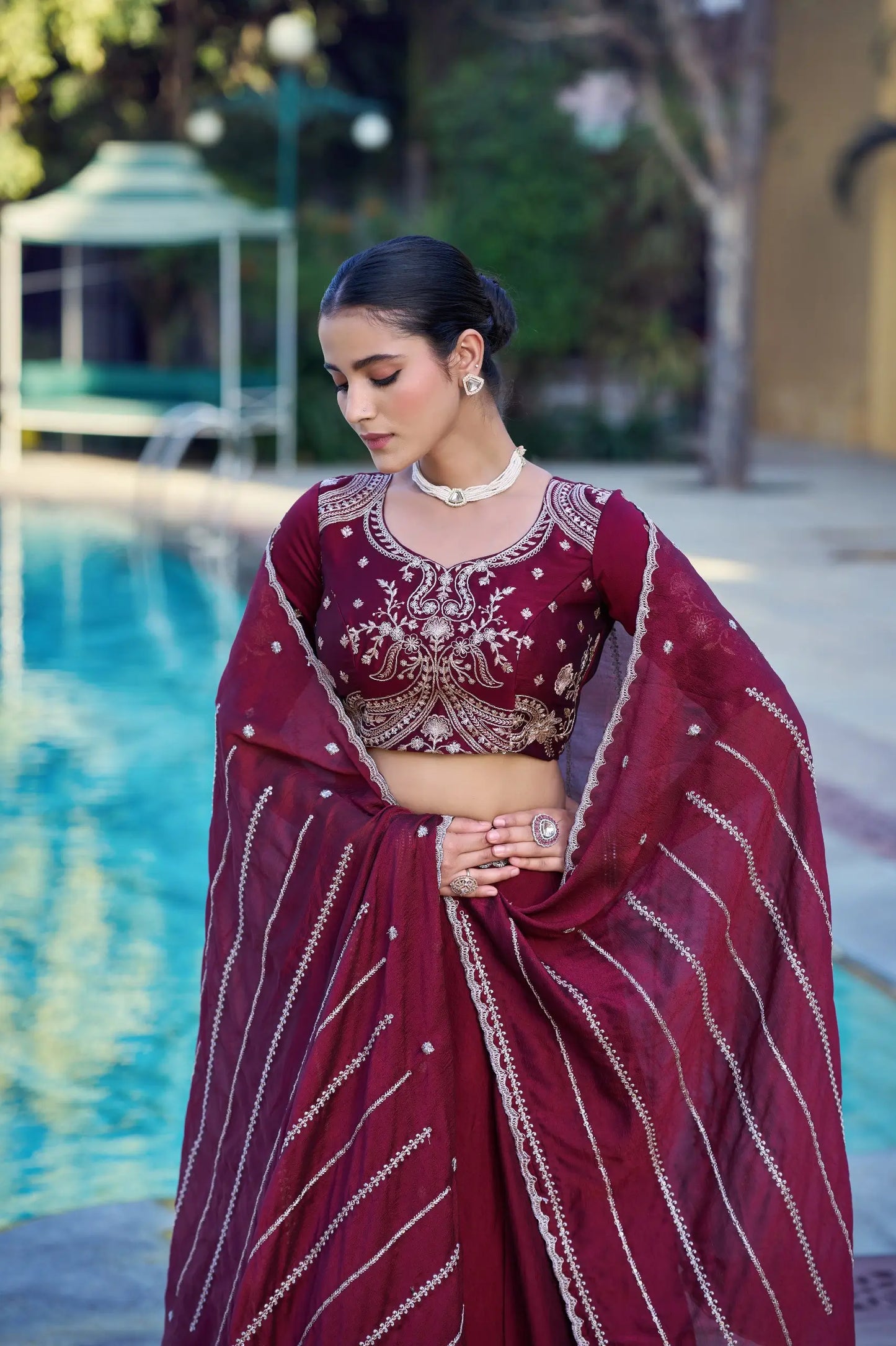 Glossy Maroon Crush Embroidered Lehenga