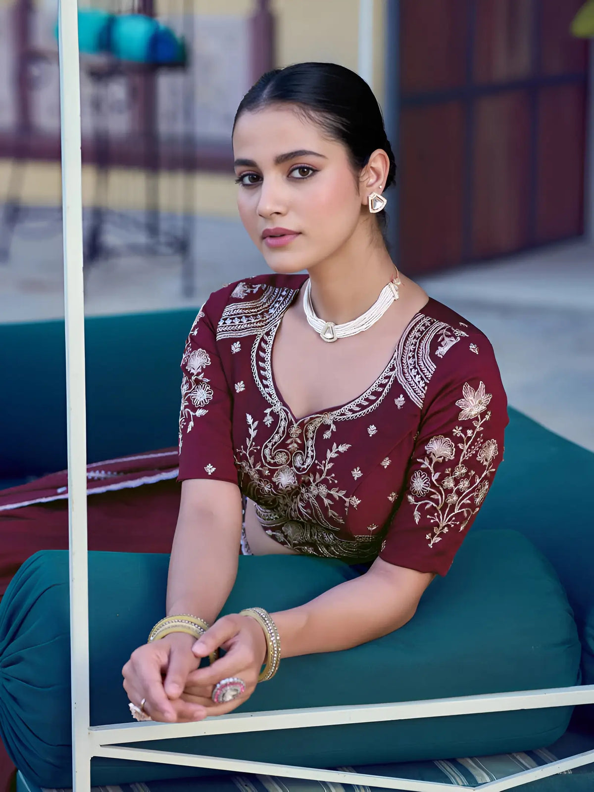Glossy Maroon Crush Embroidered Lehenga