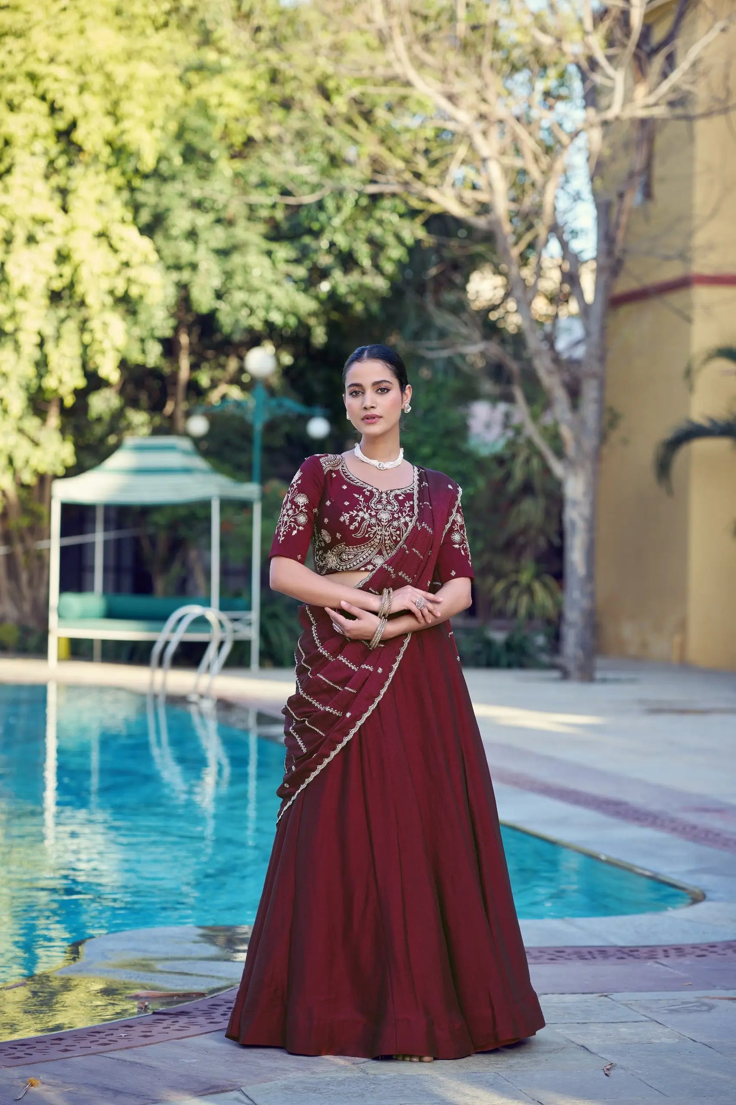 Glossy Maroon Crush Embroidered Lehenga