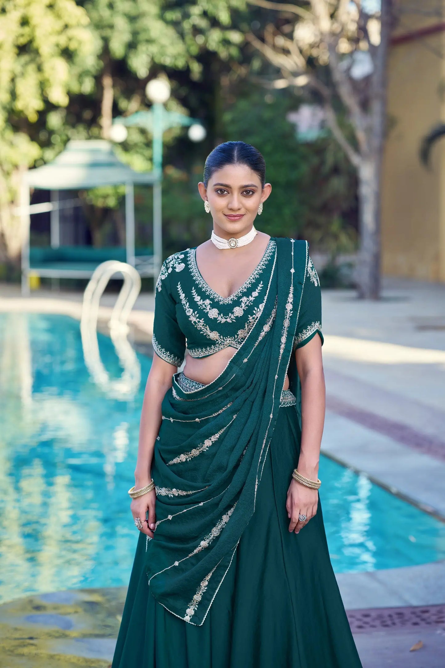 Peacock Blue Crush Embroidered Lehenga