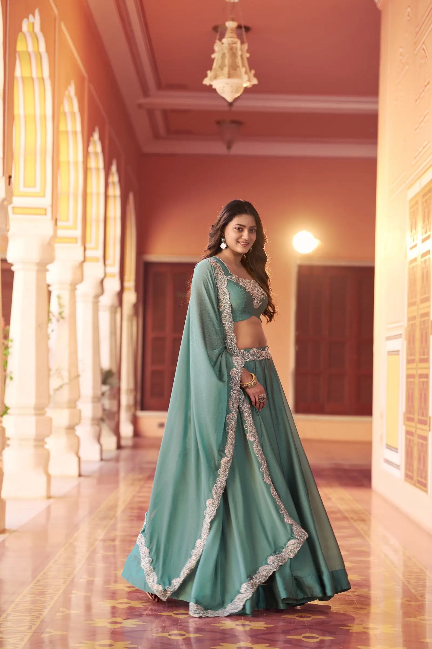 Sea Blue Embroidered Lehenga Choli
