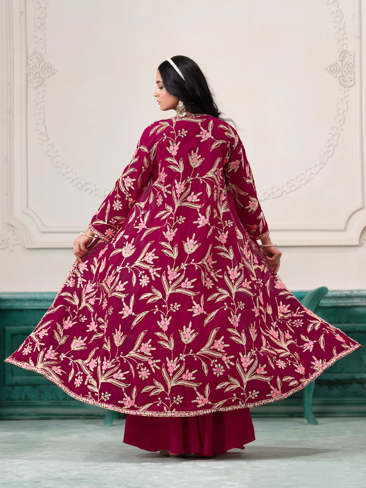 Pink Georgette Indo Western Set With Thread & Sequins Embroidery Work