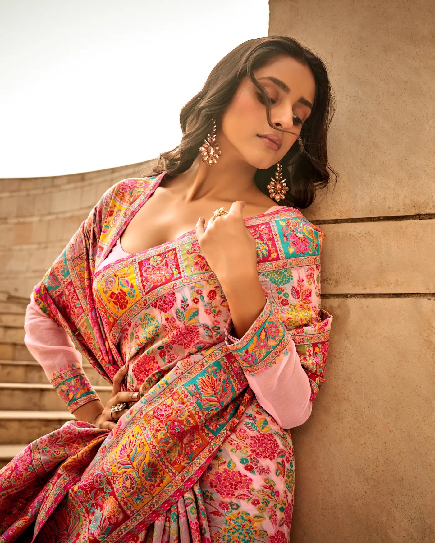 Powder Pink Modal Kashmiri Saree