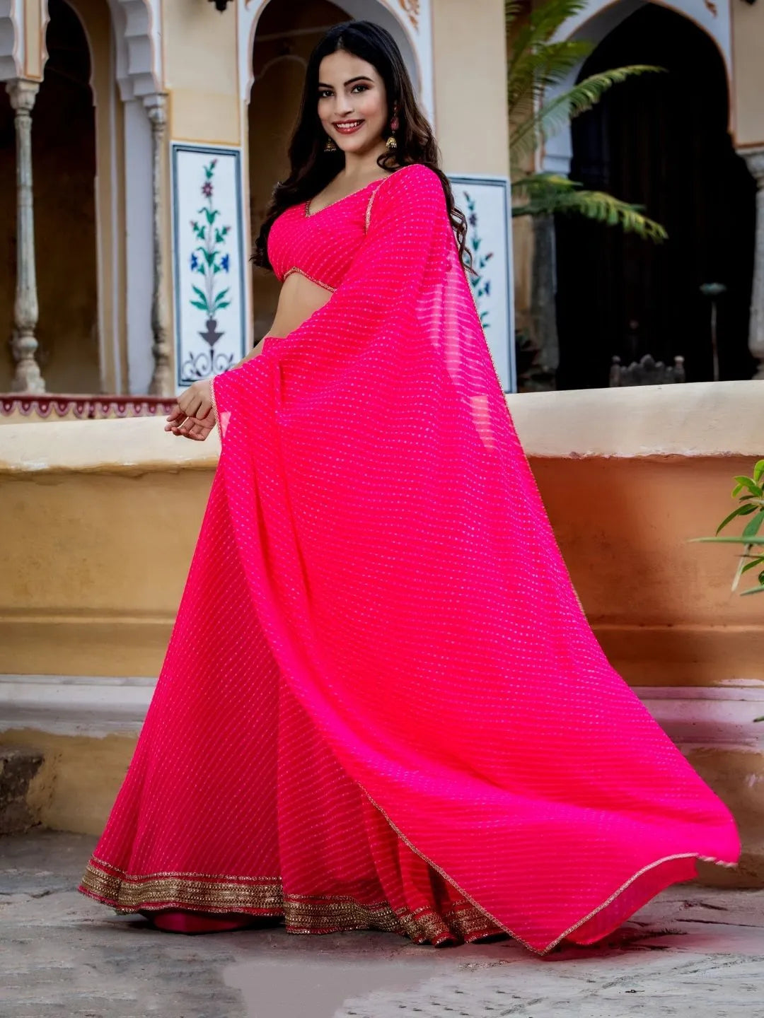 Rani Pink Georgette Leheriya Print Lehenga With Zari And Cording Lace Work