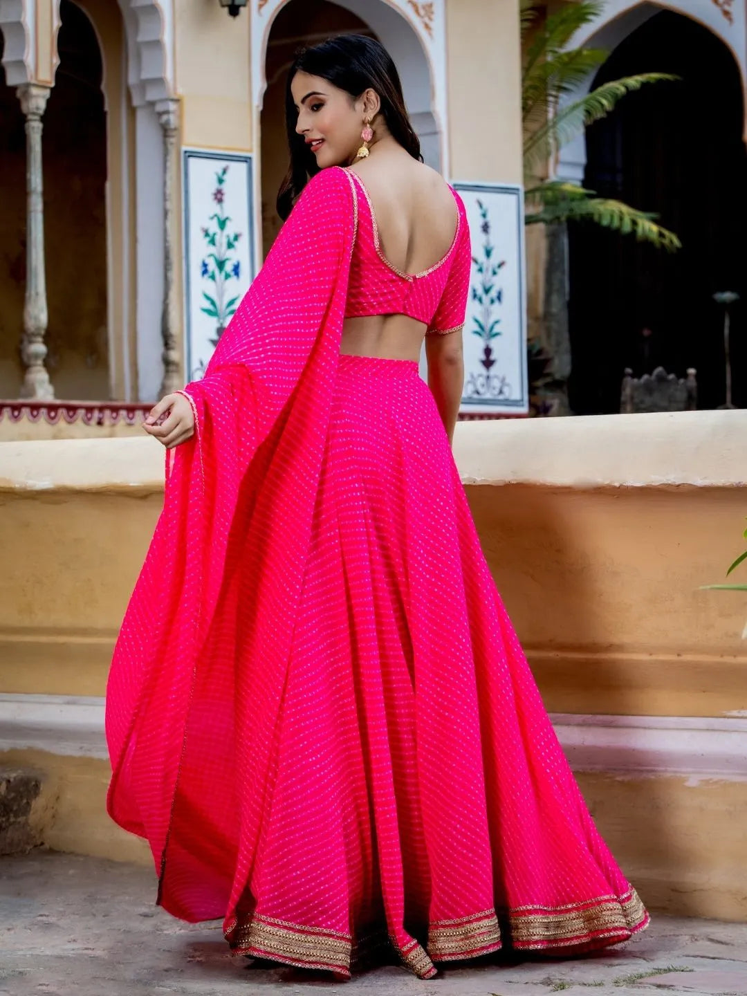 Rani Pink Georgette Leheriya Print Lehenga With Zari And Cording Lace Work