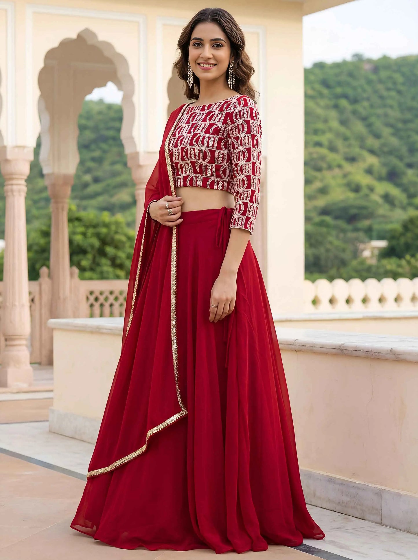 Red Georgette Lehenga with Embroidery Work