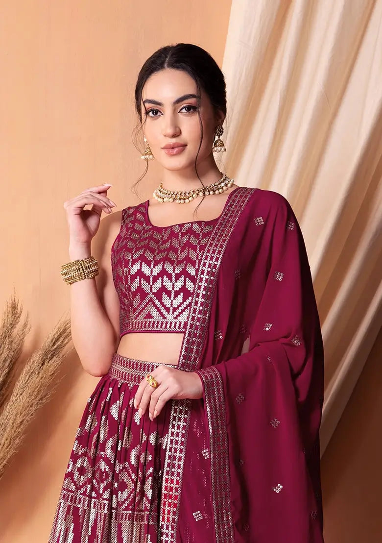 Dark Pink Georgette Lehenga With  Sequins And Thread Embroidery Work