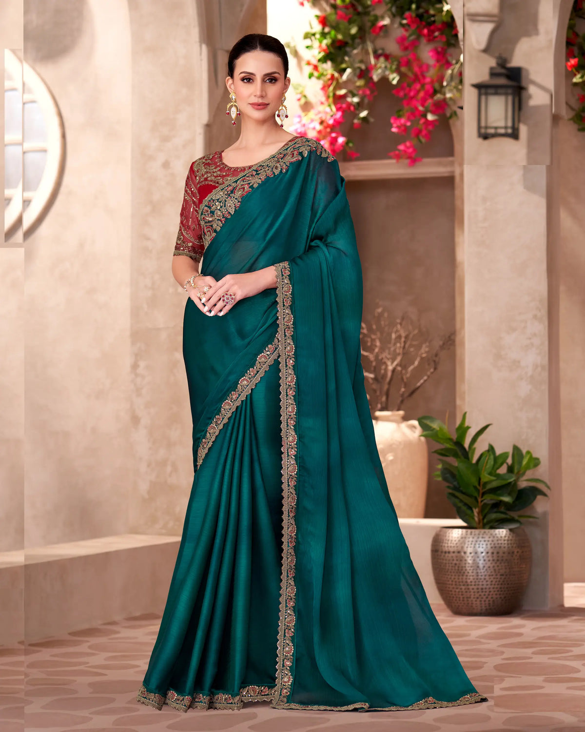 Dark Teal Blue Shaded Chiffon Embroidery Work Saree