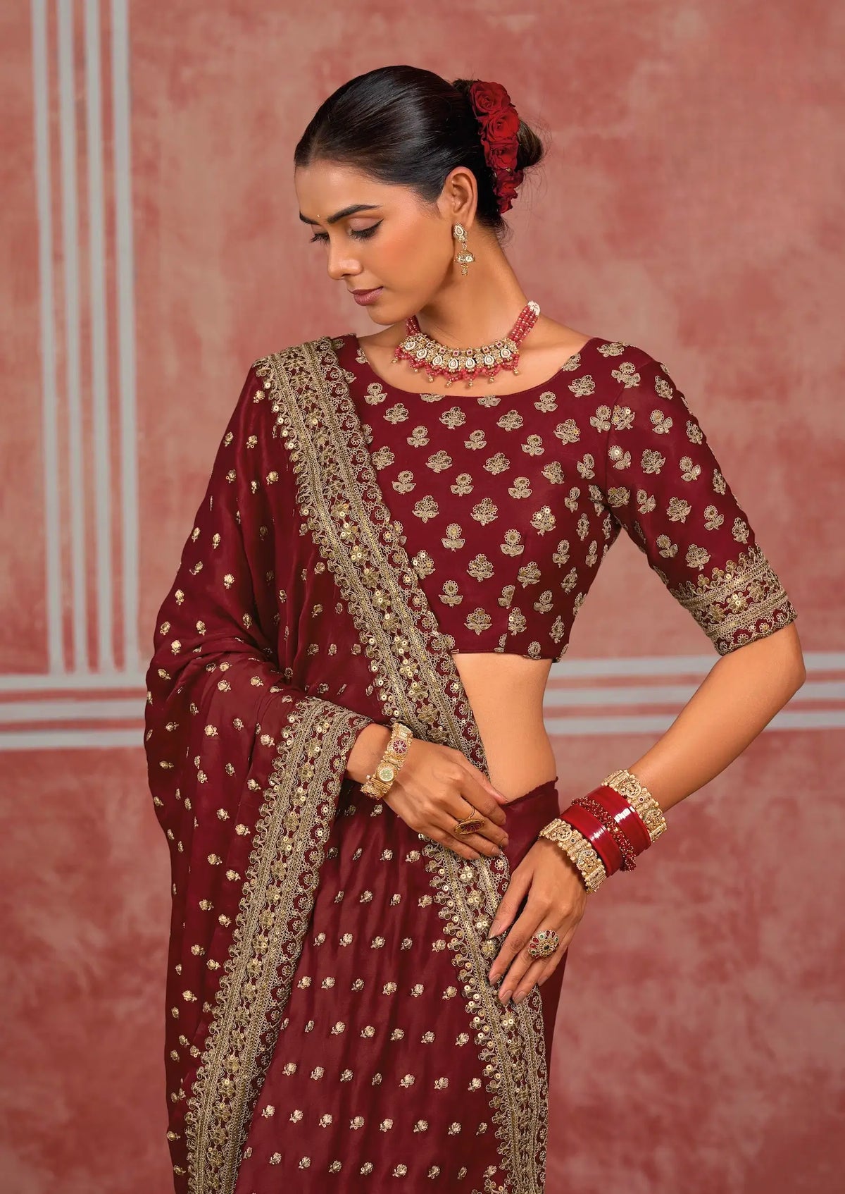 Rich Maroon Silk Heavy Embroidery Saree