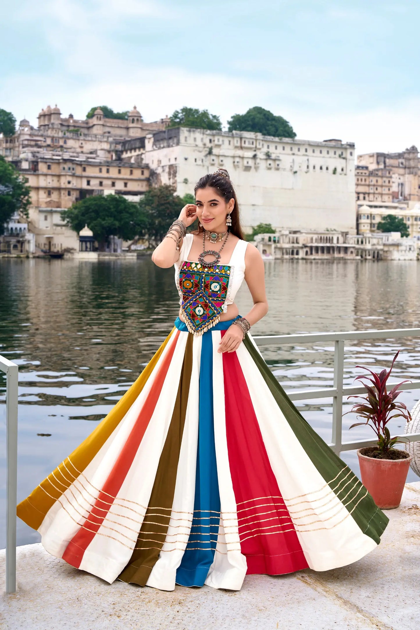 Multicolor Chaniya Choli With Mirror & Gamthi Work