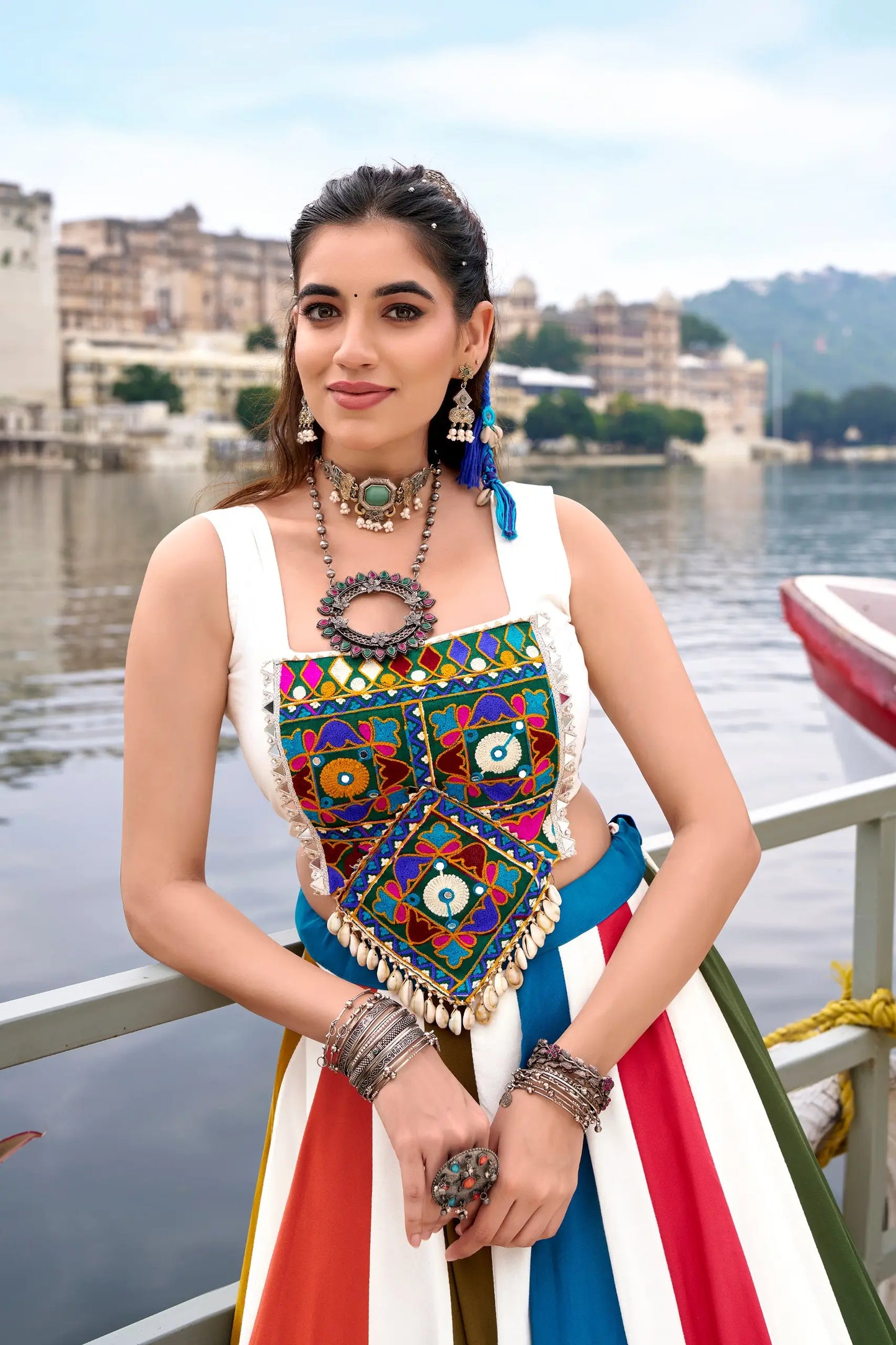 Multicolor Chaniya Choli With Mirror & Gamthi Work