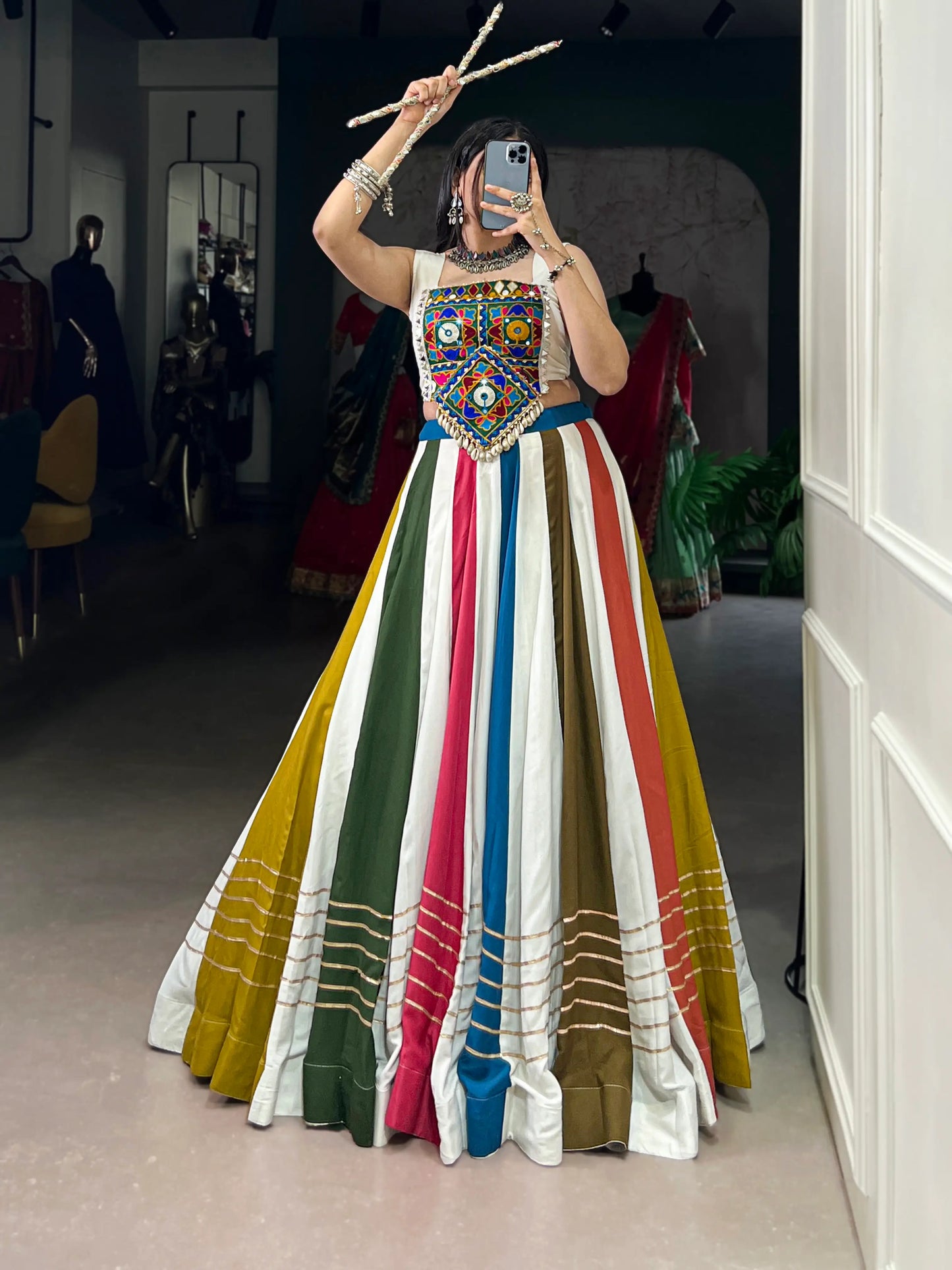 Multicolor Chaniya Choli With Mirror & Gamthi Work