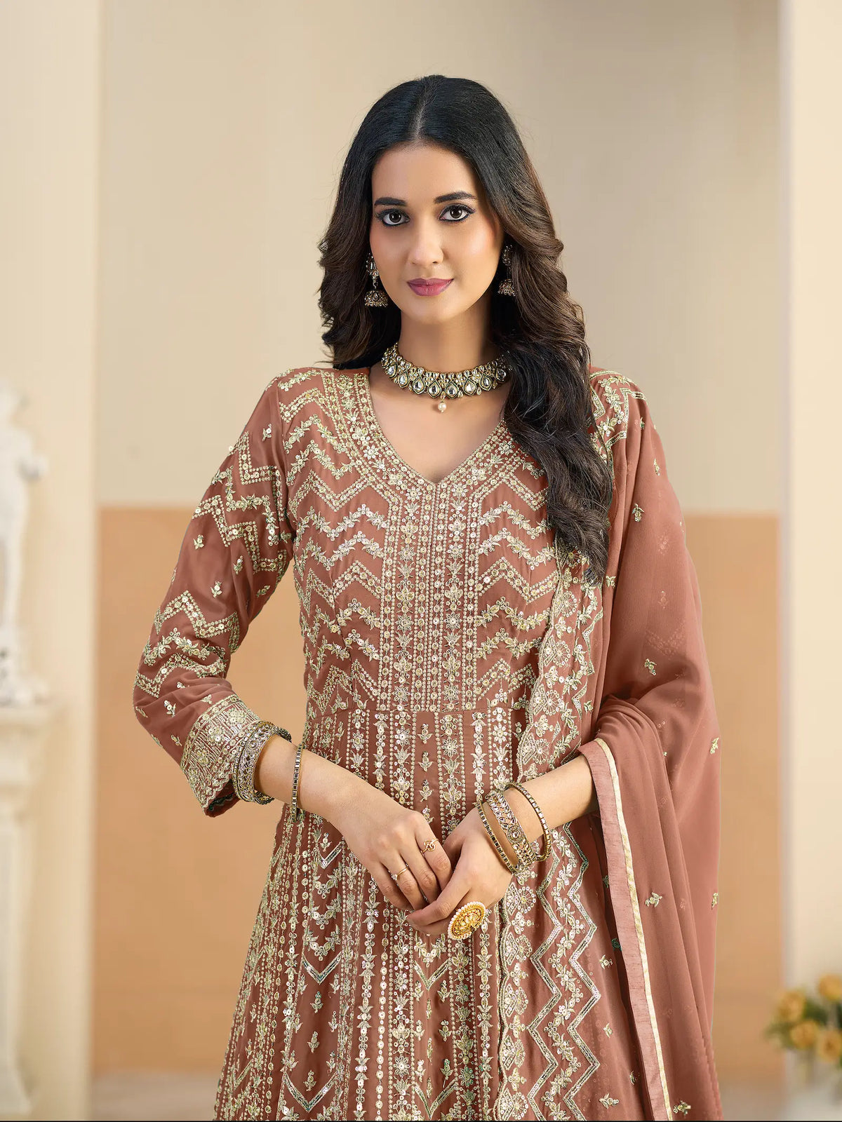 Rust Brown Georgette Embroidery Gown