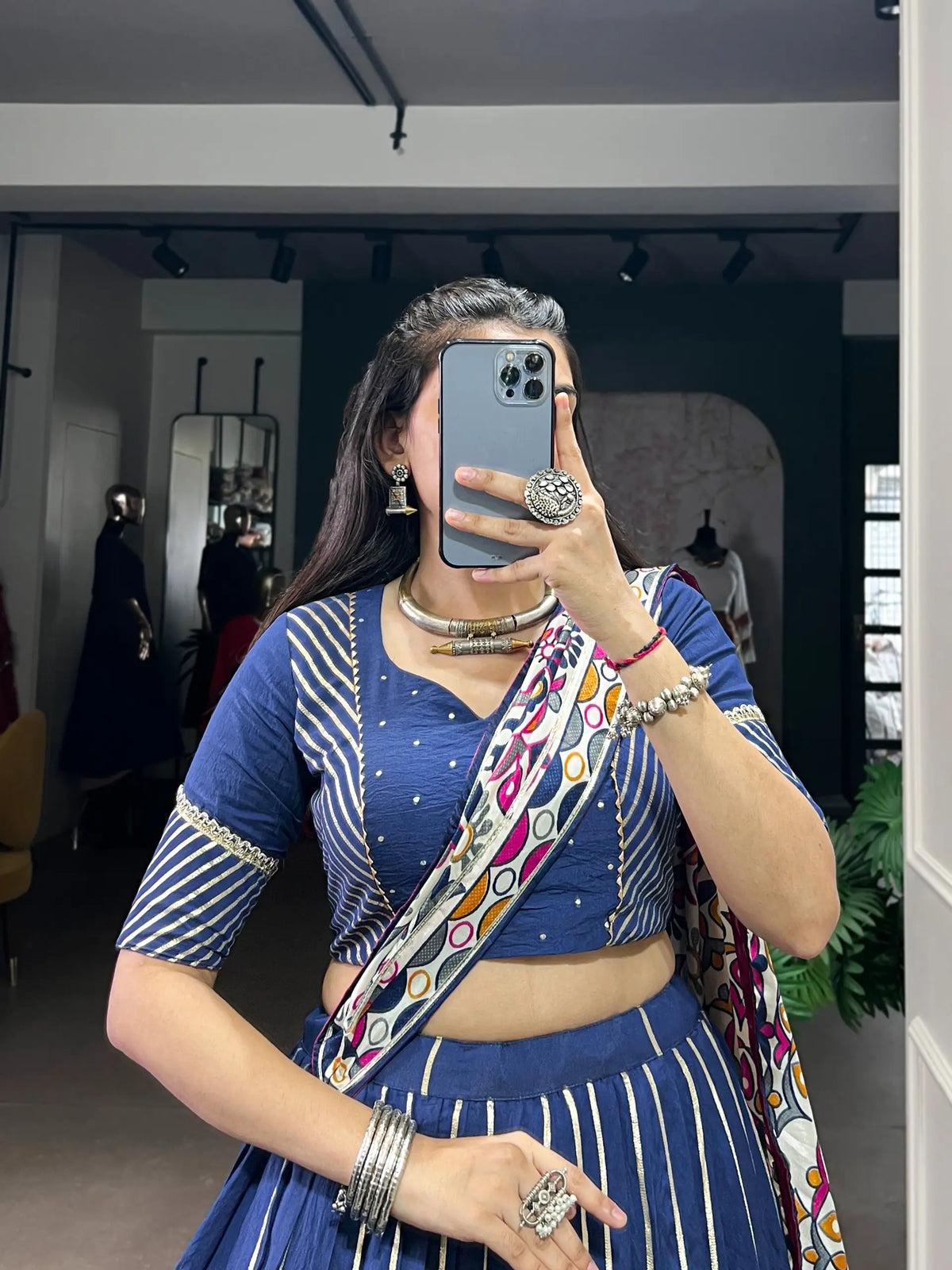 Dark Blue Navratri Lehenga Choli With Lace Touch Up