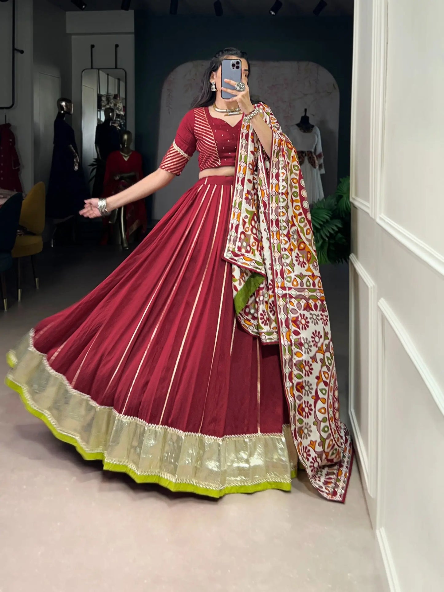 Maroon Navratri Lehenga Choli With Lace Touch Up