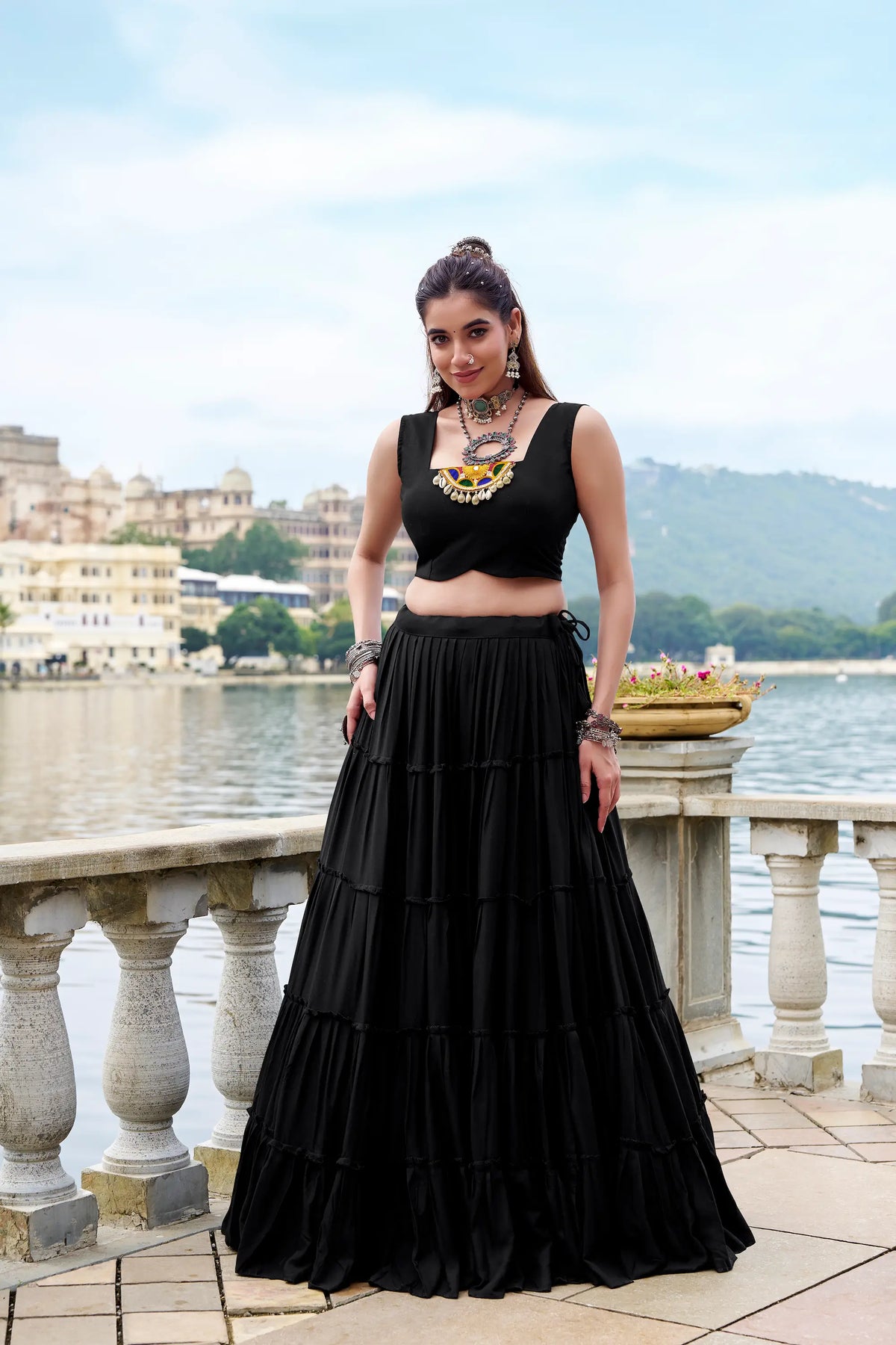 Black Rayon Gamthi Work Navratri Lehenga with Koti