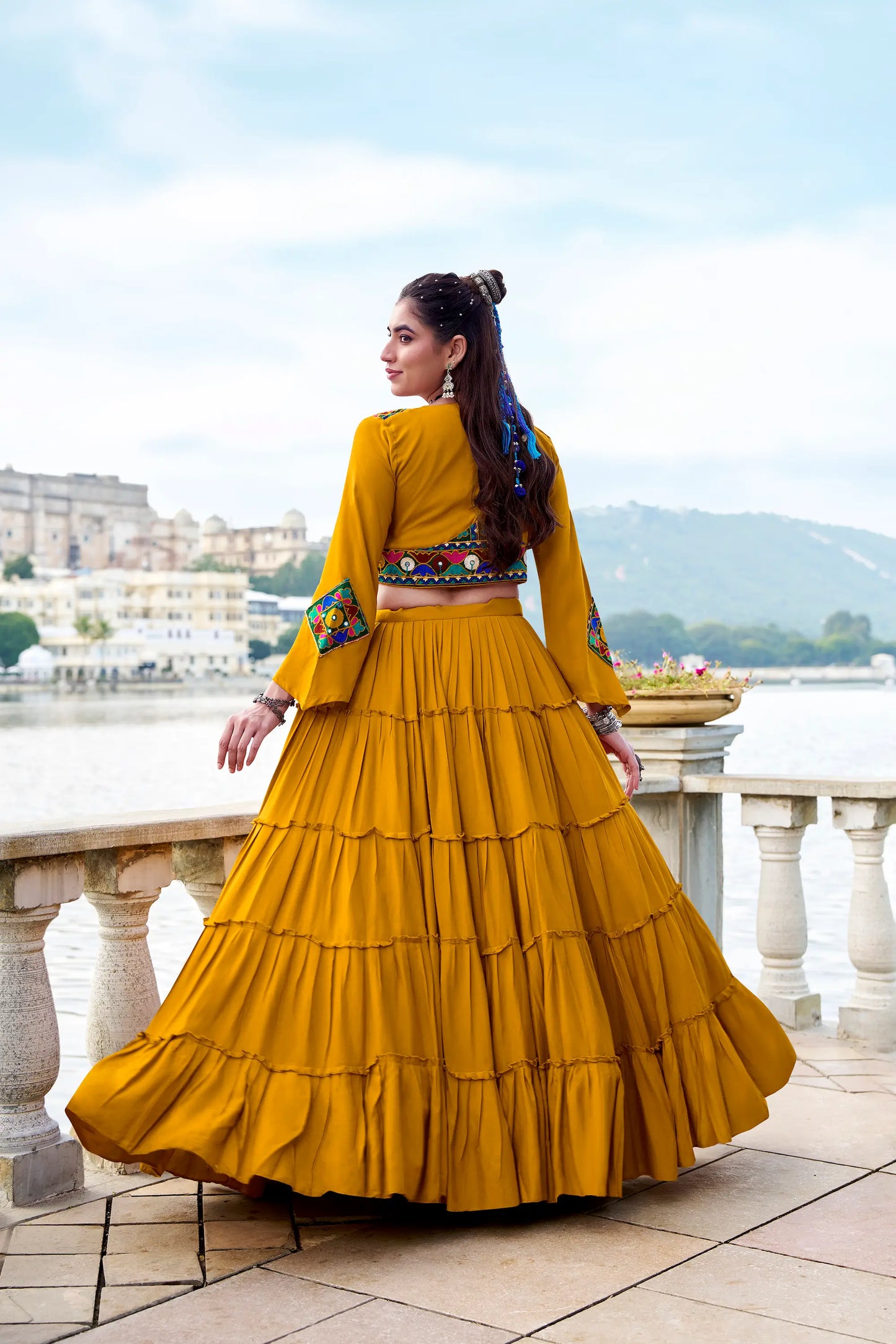 Mustard Rayon Gamthi Work Navratri Lehenga with Koti
