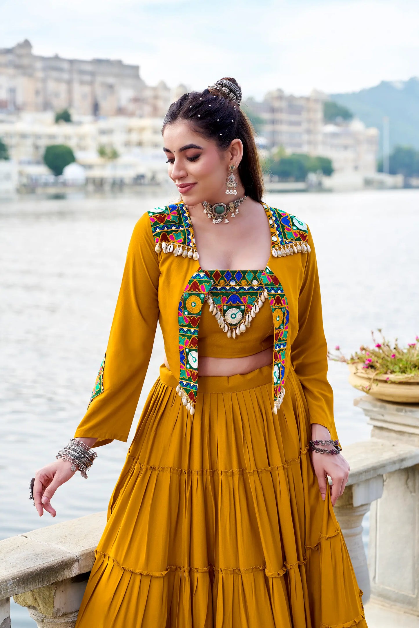 Mustard Rayon Gamthi Work Navratri Lehenga with Koti