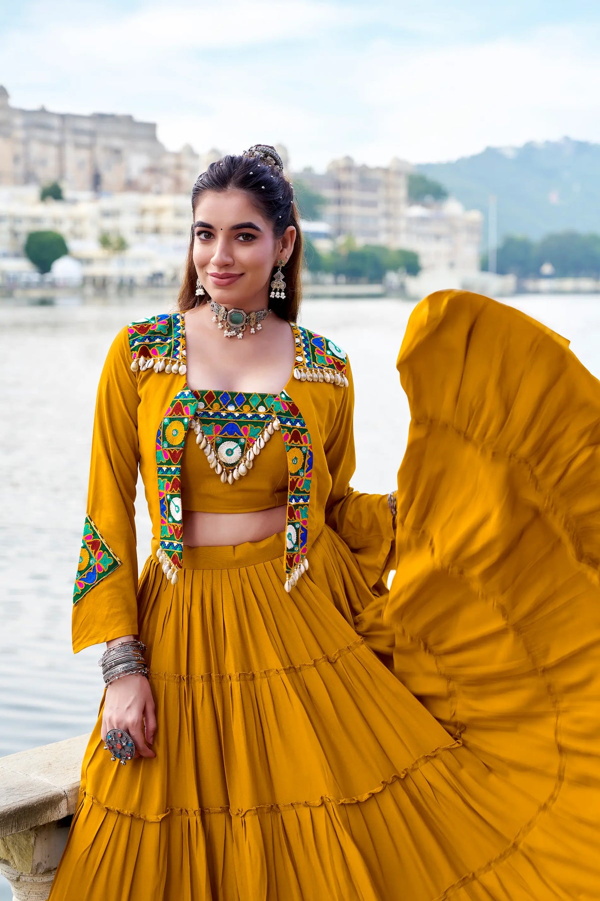Mustard Rayon Gamthi Work Navratri Lehenga with Koti