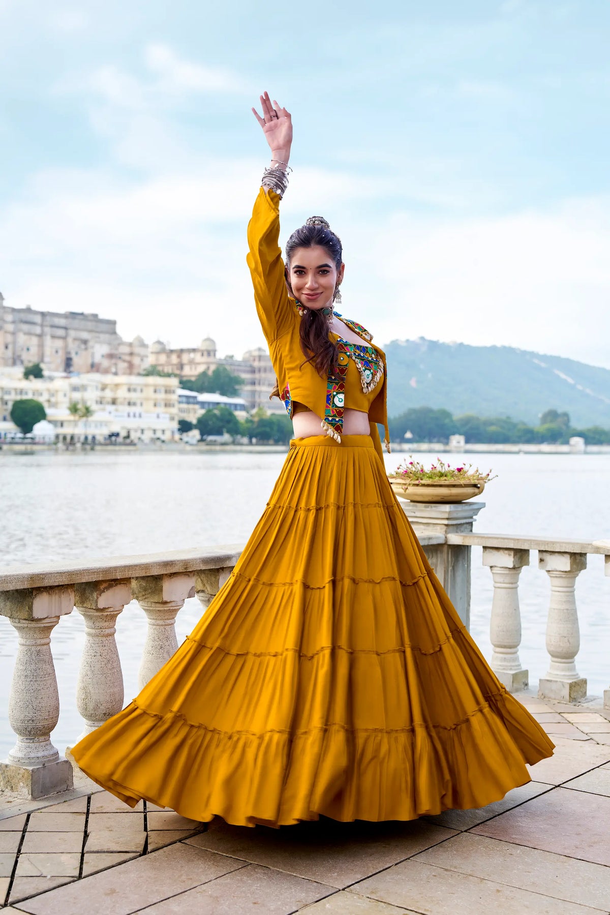Mustard Rayon Gamthi Work Navratri Lehenga with Koti