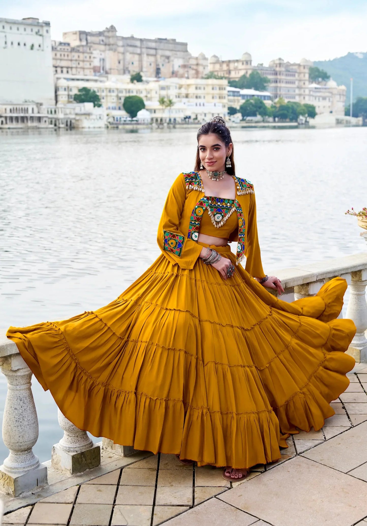 Mustard Rayon Gamthi Work Navratri Lehenga with Koti