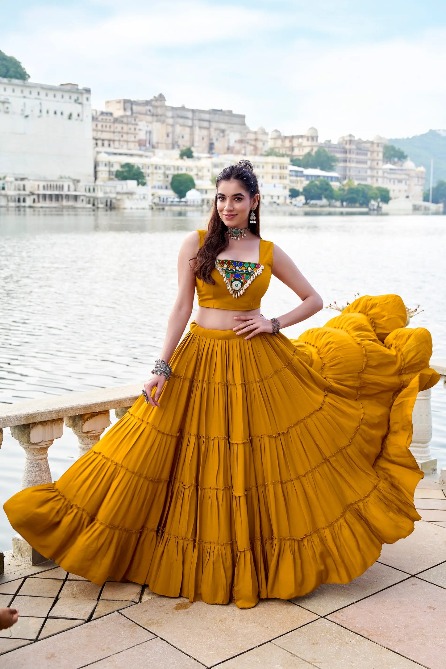 Mustard Rayon Gamthi Work Navratri Lehenga with Koti