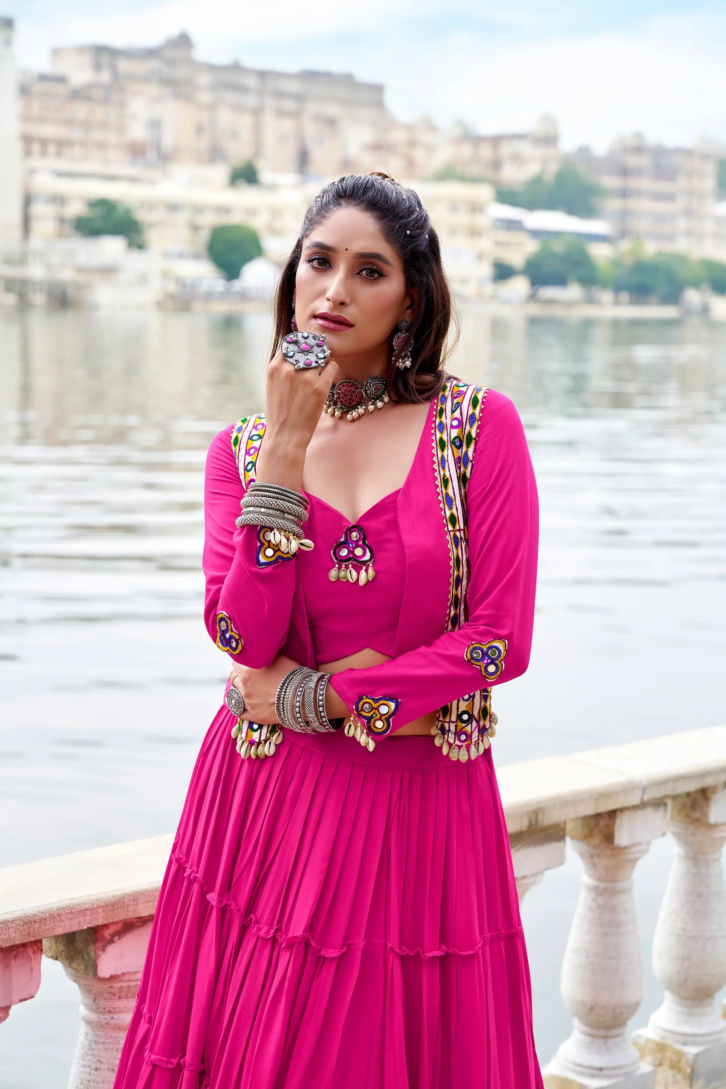 Dark Pink Rayon Gamthi Work Navratri Lehenga with Koti