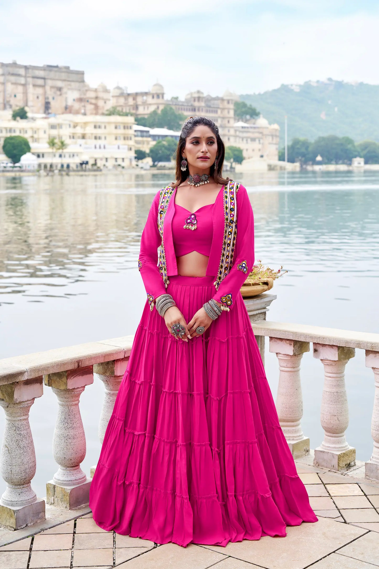 Dark Pink Rayon Gamthi Work Navratri Lehenga with Koti