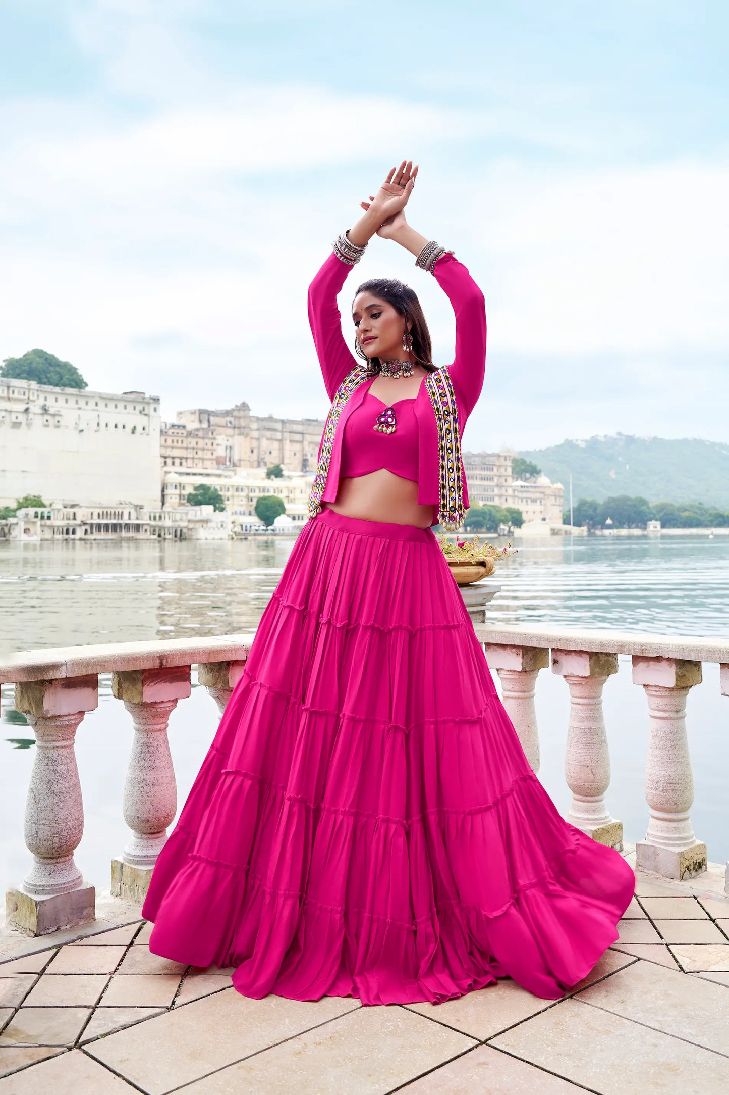 Dark Pink Rayon Gamthi Work Navratri Lehenga with Koti
