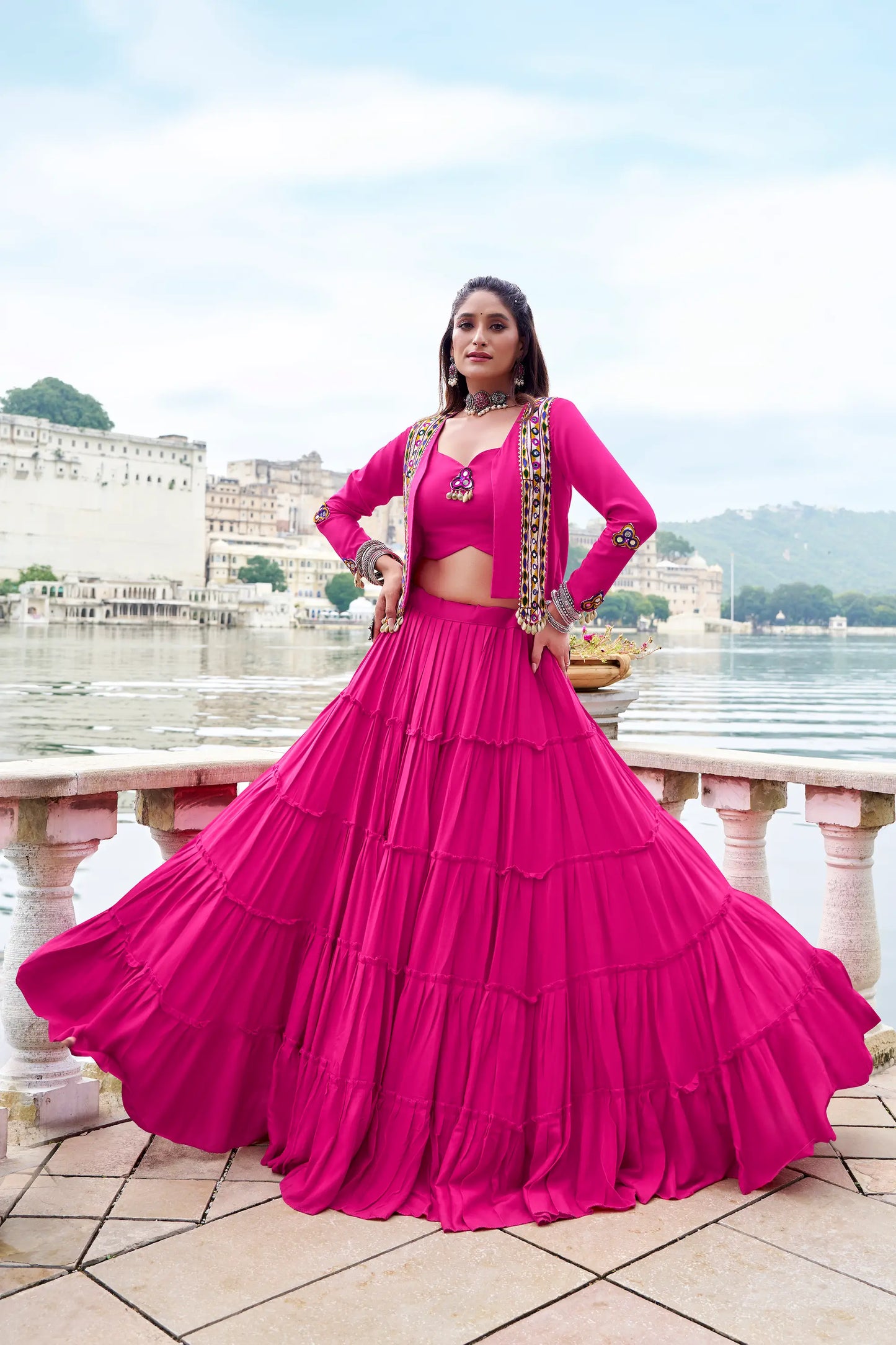 Dark Pink Rayon Gamthi Work Navratri Lehenga with Koti