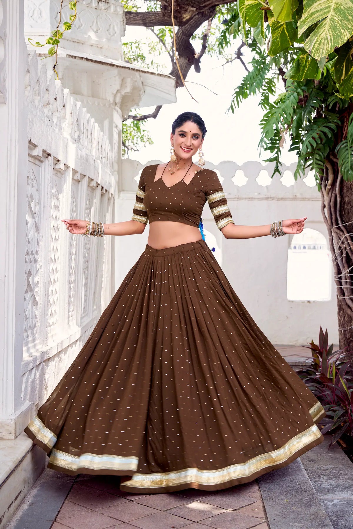 Brown Chanderi Silk Lehenga Choli With Zari Weaving & Lace Touch Up