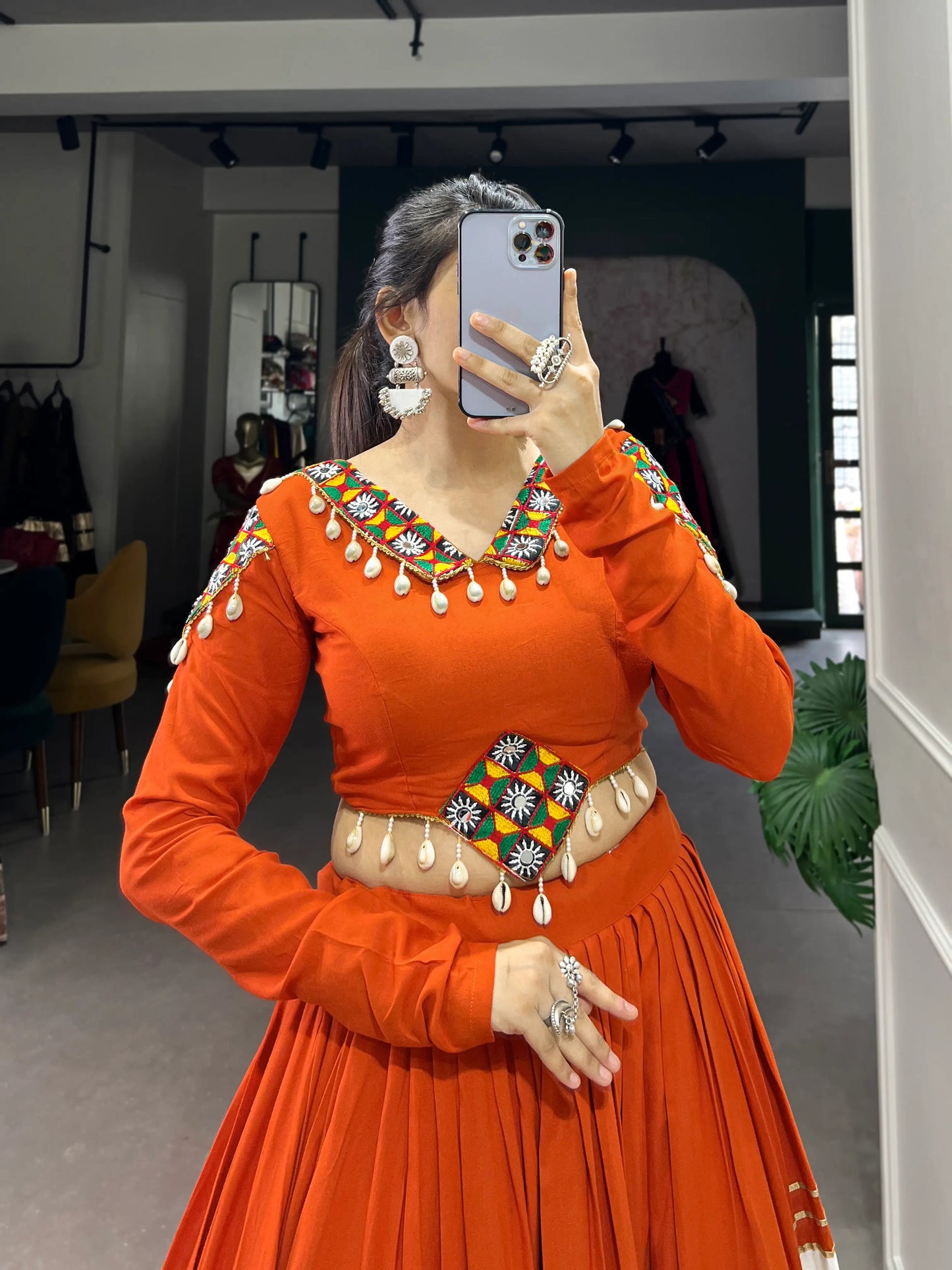 Orange-White Rayon Gamthi Work Navratri Lehenga Choli