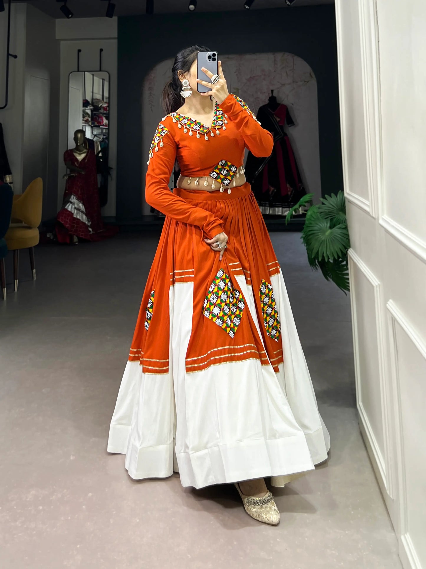 Orange-White Rayon Gamthi Work Navratri Lehenga Choli